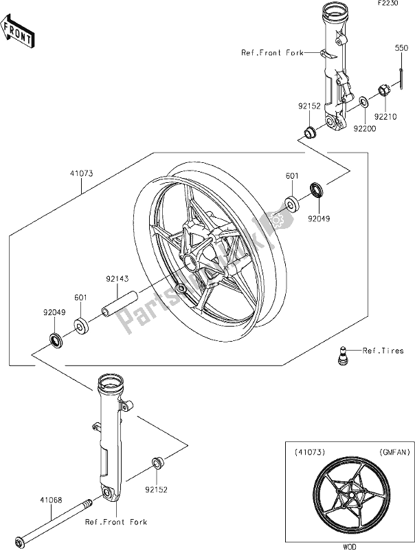 All parts for the 39 Front Hub of the Kawasaki EX 400 Ninja 2021