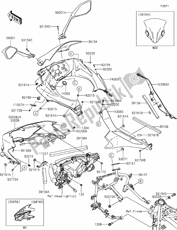 Alle onderdelen voor de 64 Cowling van de Kawasaki EX 400 Ninja 2021