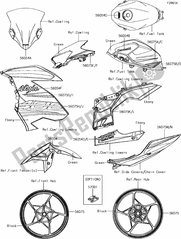 Alle onderdelen voor de 62 Decals(green)(gjfa) van de Kawasaki EX 400 Ninja KRT 2018