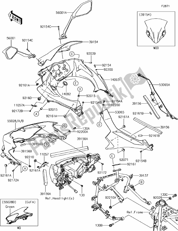 All parts for the 64 Cowling of the Kawasaki EX 400 Ninja KRT 2018