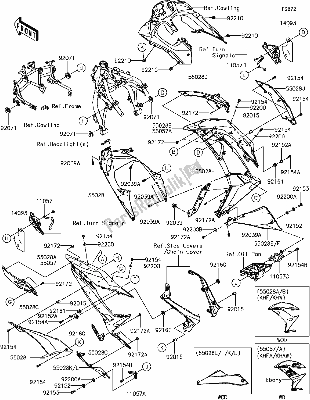 All parts for the H-5 Cowling Lowers of the Kawasaki EX 650 Ninja 2017