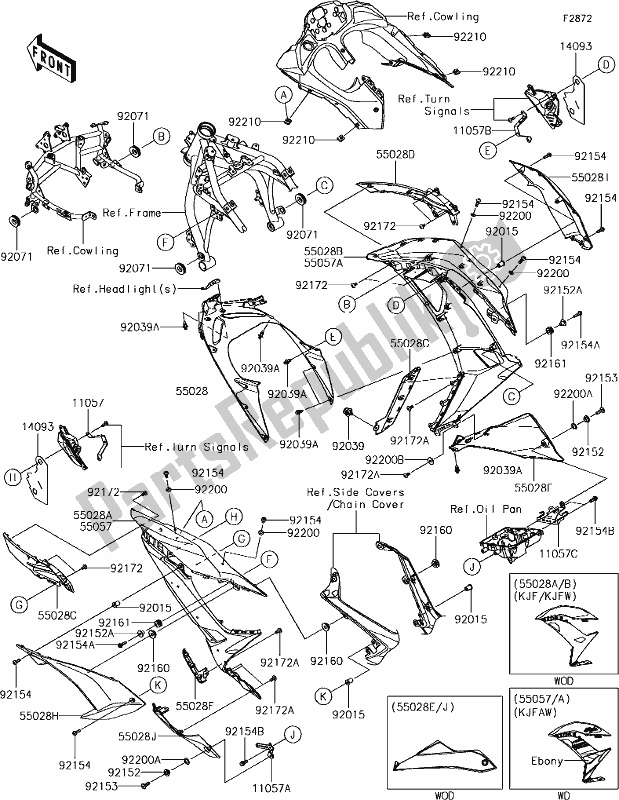 All parts for the 64 Cowling Lowers of the Kawasaki EX 650 Ninja 2018