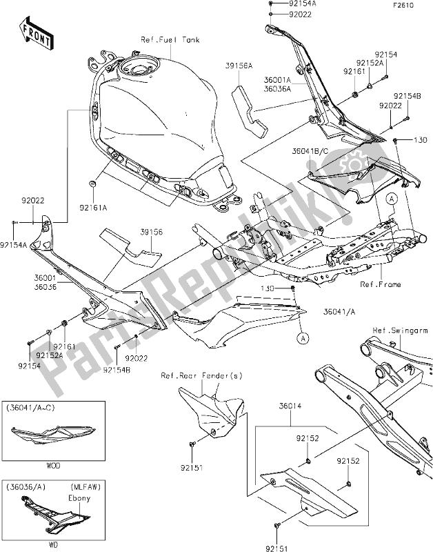 Alle onderdelen voor de 52 Side Covers/chain Cover van de Kawasaki EX 650 Ninja 2020