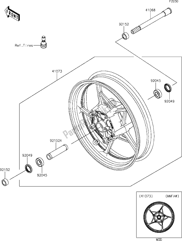All parts for the 38 Front Hub of the Kawasaki EX 650 Ninja 2021