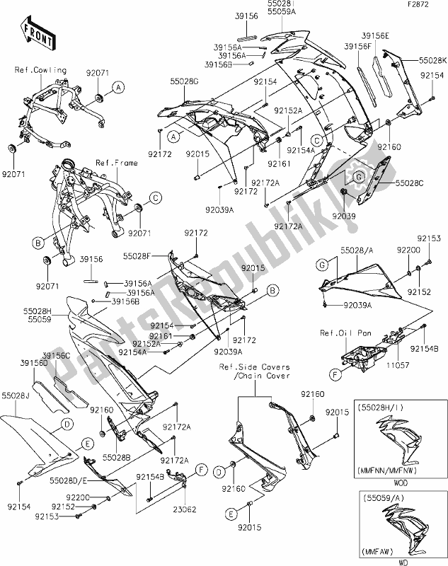 All parts for the 64 Cowling Lowers of the Kawasaki EX 650 Ninja 2021