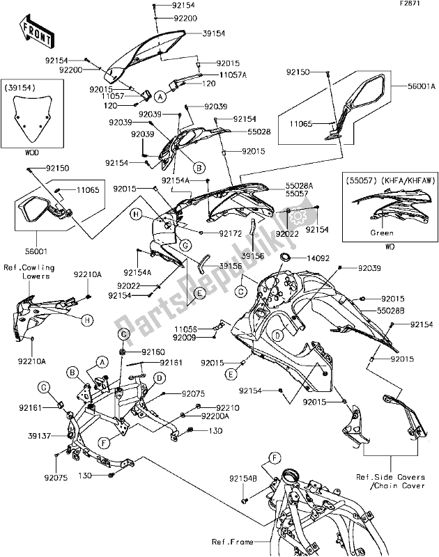 All parts for the H-4 Cowling of the Kawasaki EX 650 Ninja KRT 2017