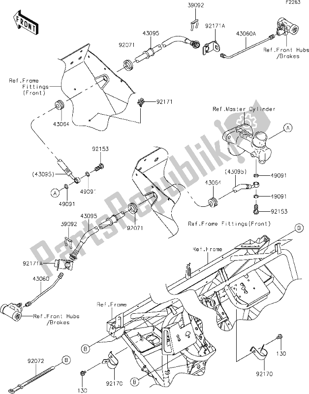 All parts for the 38 Front Brake Piping of the Kawasaki KAF 400 Mule SX 2020