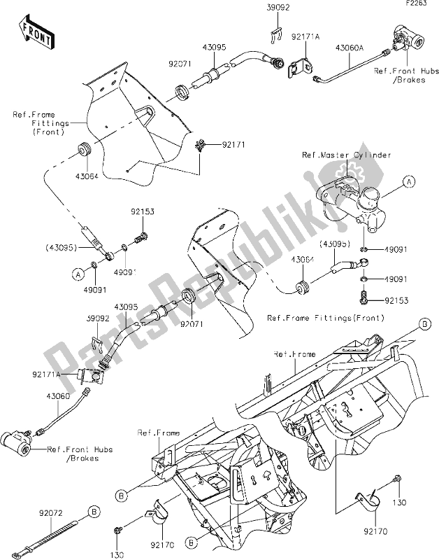 All parts for the 38 Front Brake Piping of the Kawasaki KAF 400 Mule SX 2021