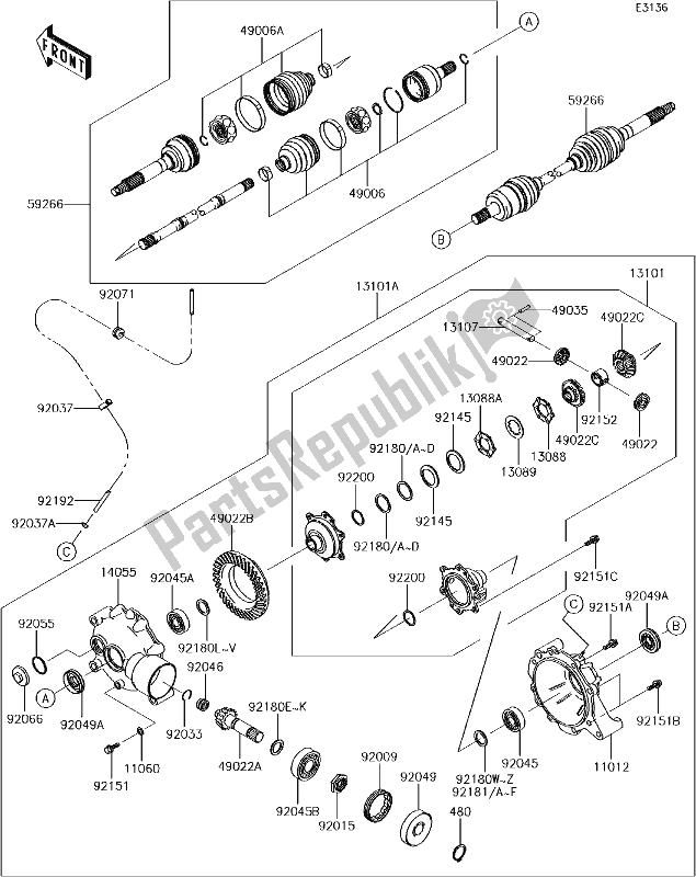 Alle onderdelen voor de 25-1drive Shaft-front van de Kawasaki KAF 400 Mule SX 4X4 XC 2017