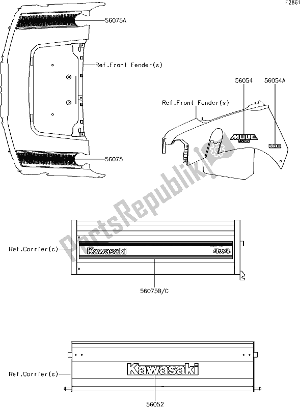 All parts for the 56 Decals(khf/khs) of the Kawasaki KAF 400 Mule SX 4X4 XC 2017