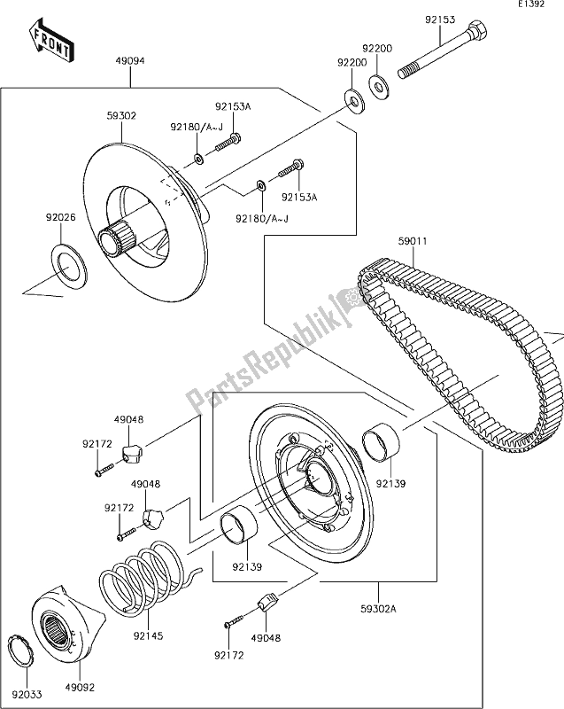 All parts for the 11 Driven Converter/drive Belt of the Kawasaki KAF 400 Mule SX 4X4 XC 2019