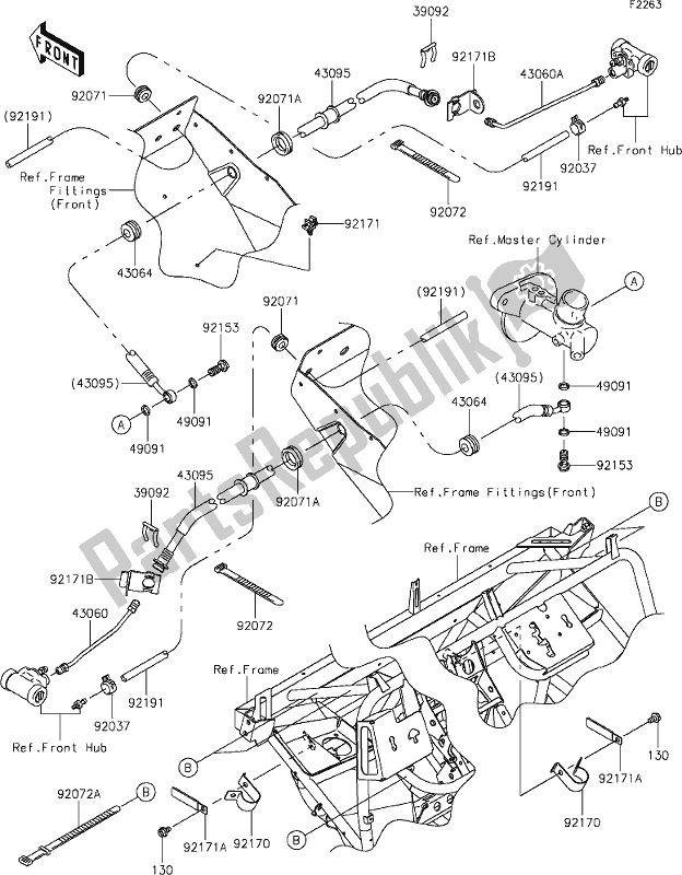 Alle onderdelen voor de 39 Front Brake Piping van de Kawasaki KAF 400 Mule SX 4X4 XC 2020