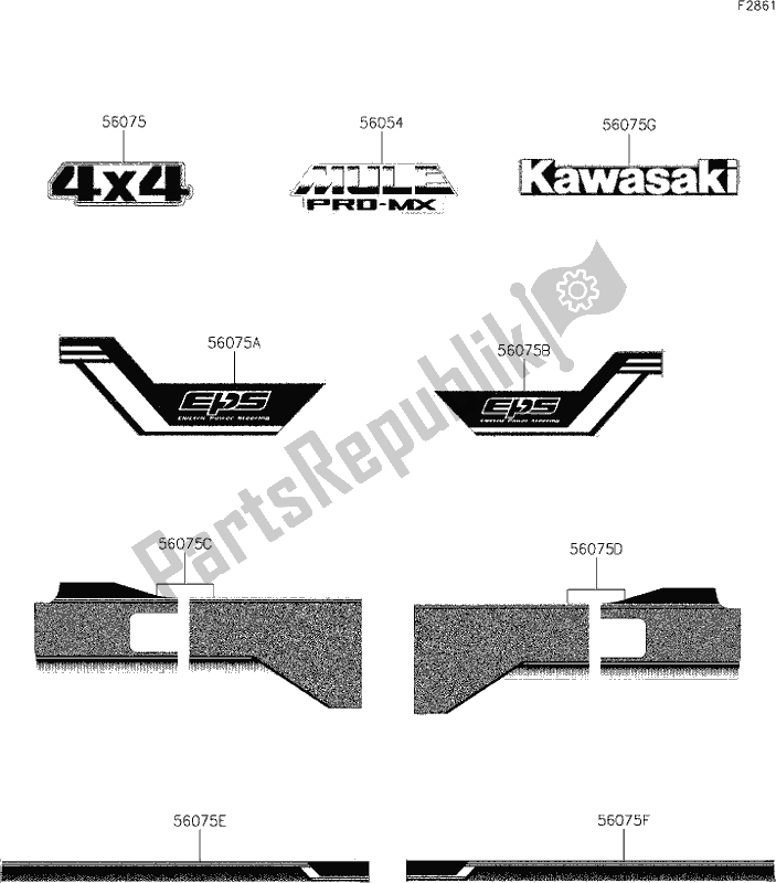 All parts for the 36 Decals(white) of the Kawasaki KAF 700 Mule Pro-mx 2019