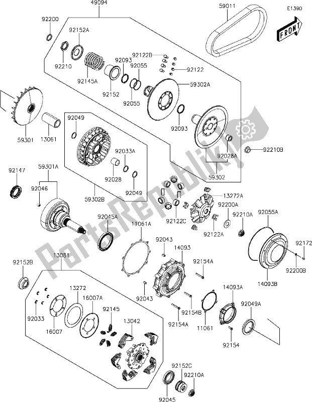 Alle onderdelen voor de 6-1 Belt Converter van de Kawasaki KAF 700 Mule Pro-mx 2021