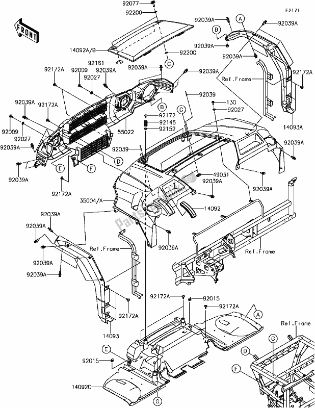All parts for the E-11front Fender(s) of the Kawasaki KAF 820 Mule Pro-fx 3 Seater 2017