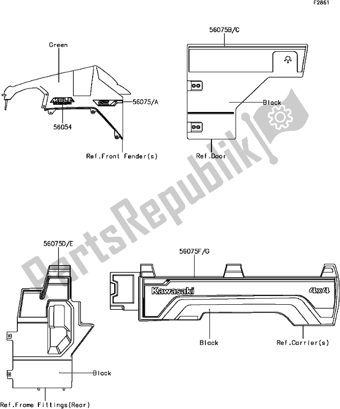Alle onderdelen voor de G-14decals(green) van de Kawasaki KAF 820 Mule Pro-fx 3 Seater 2017