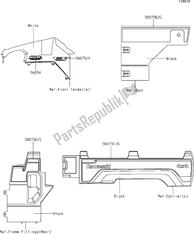 All parts for the 64 Decals(white)(fkf/flf) of the Kawasaki KAF 820 Mule Pro-fx 2018