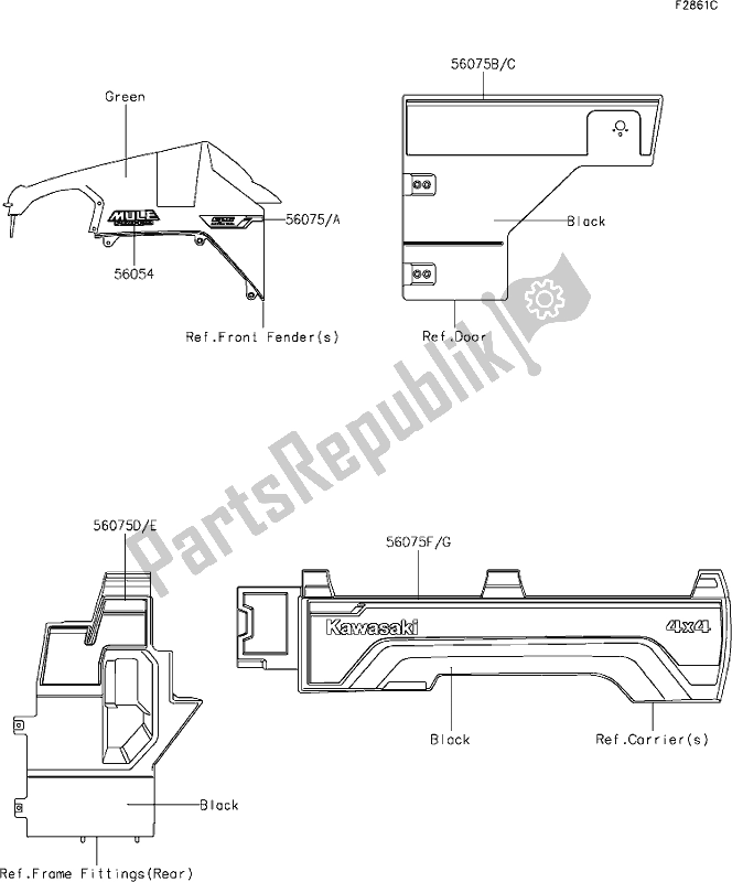 Todas as partes de 65 Decals(green)(fkf/flf) do Kawasaki KAF 820 Mule Pro-fx 2020