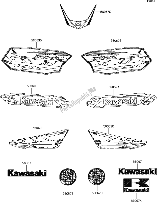 All parts for the E-9 Decals(bdf) of the Kawasaki KFX 50 2017