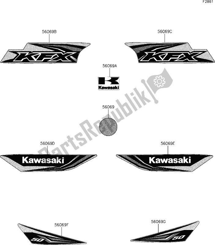 Alle onderdelen voor de 29 Decals(white)(bhs) van de Kawasaki KFX 50 2020