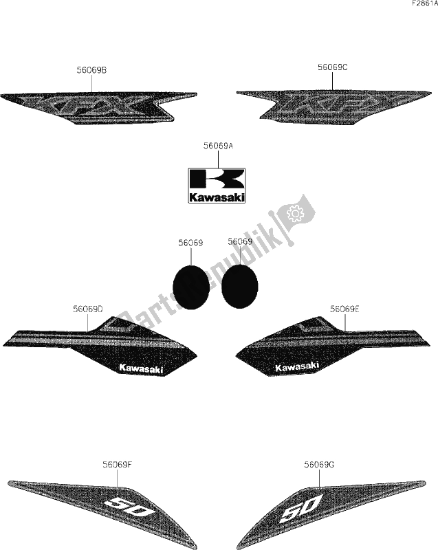 Alle onderdelen voor de 30 Decals(blue) van de Kawasaki KFX 50 2021