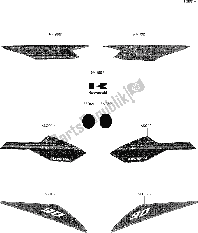 All parts for the 30 Decals(blue) of the Kawasaki KFX 90 2021