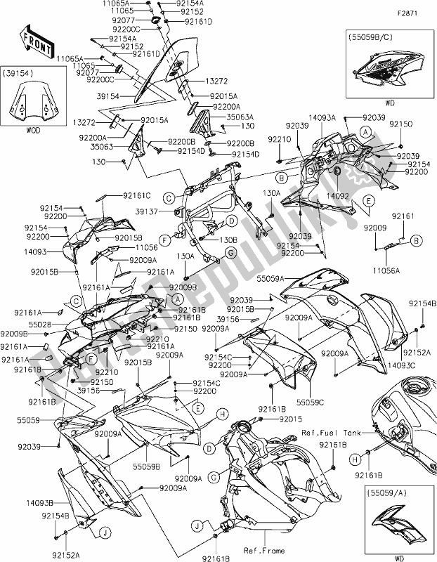 Alle onderdelen voor de 62 Cowling van de Kawasaki KLE 650 Versys 2021