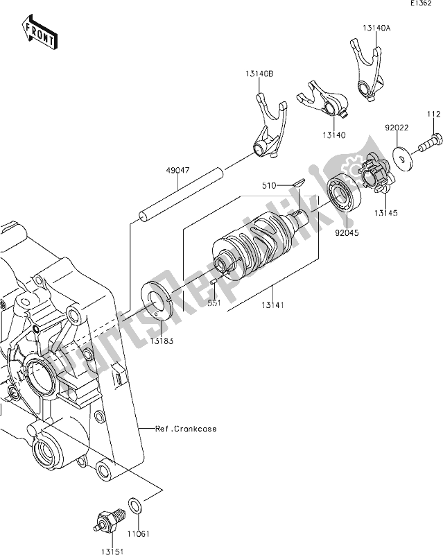 Alle onderdelen voor de 10 Gear Change Drum/shift Fork(s) van de Kawasaki KLX 140 2020