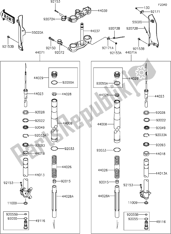 All parts for the 39 Front Fork of the Kawasaki KLX 250S 2021