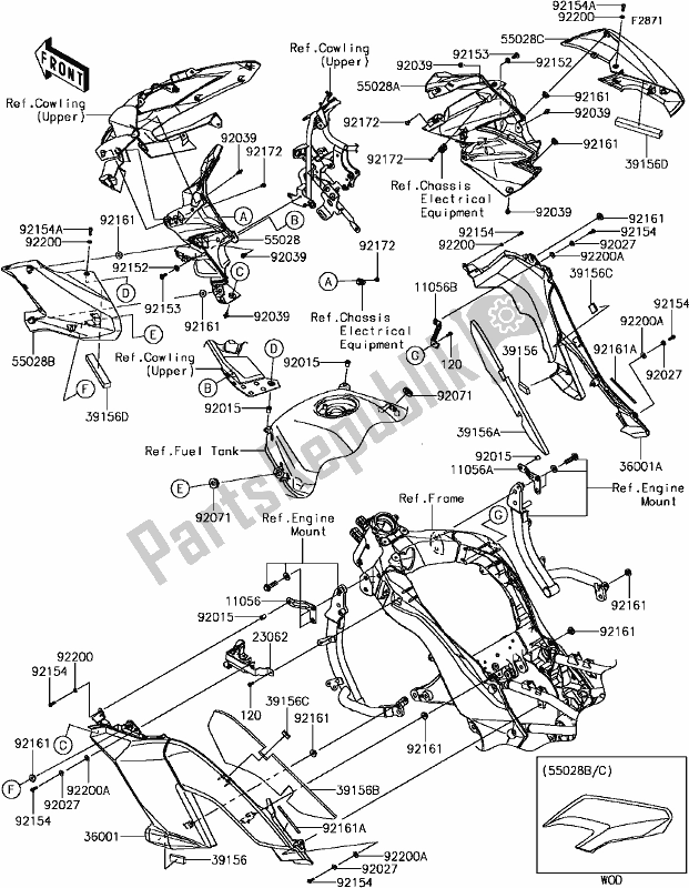 Alle onderdelen voor de G-14cowling(center) van de Kawasaki KLZ 1000 Versys 2017