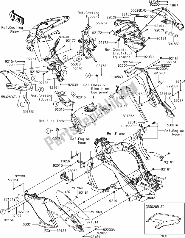 Alle onderdelen voor de 63 Cowling(center) van de Kawasaki KLZ 1000 Versys 2018