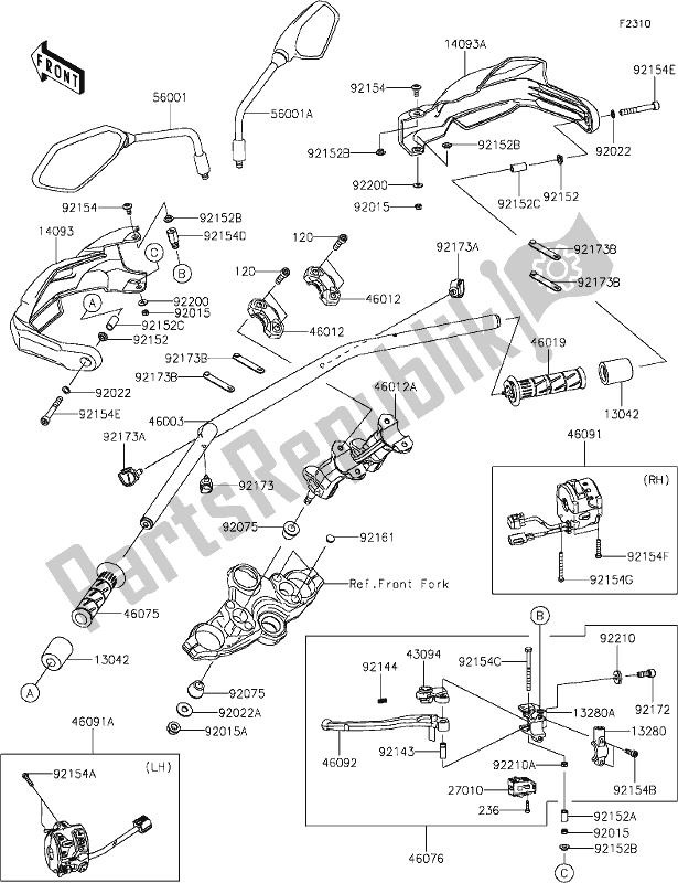 Alle onderdelen voor de 46-1handlebar van de Kawasaki KLZ 1000 Versys SE 2019