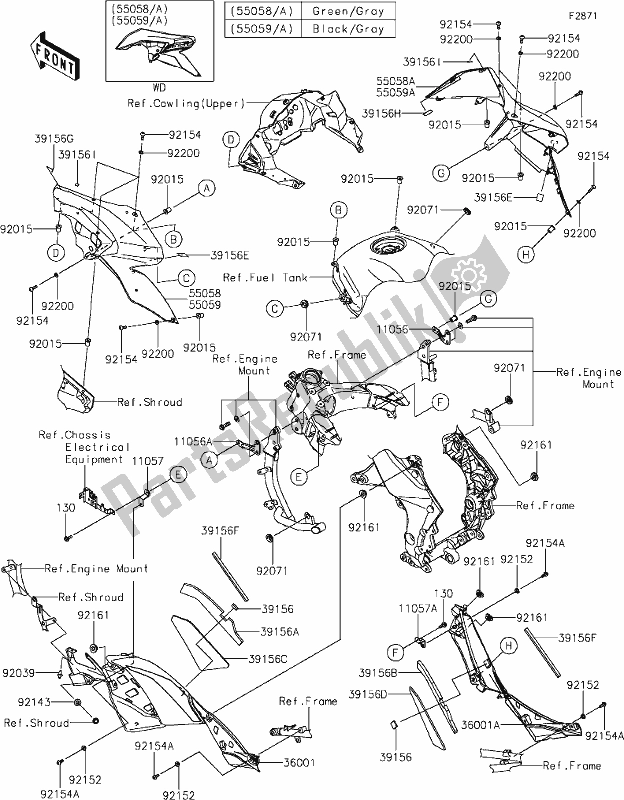 Alle onderdelen voor de 64 Cowling(center) van de Kawasaki KLZ 1000 Versys SE 2020