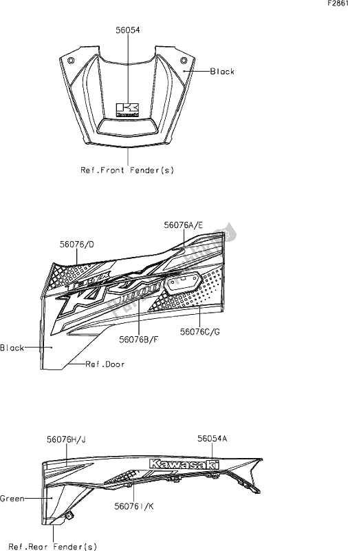Alle onderdelen voor de 74 Decals(green) van de Kawasaki KRF 1000 Teryx KRX 2020