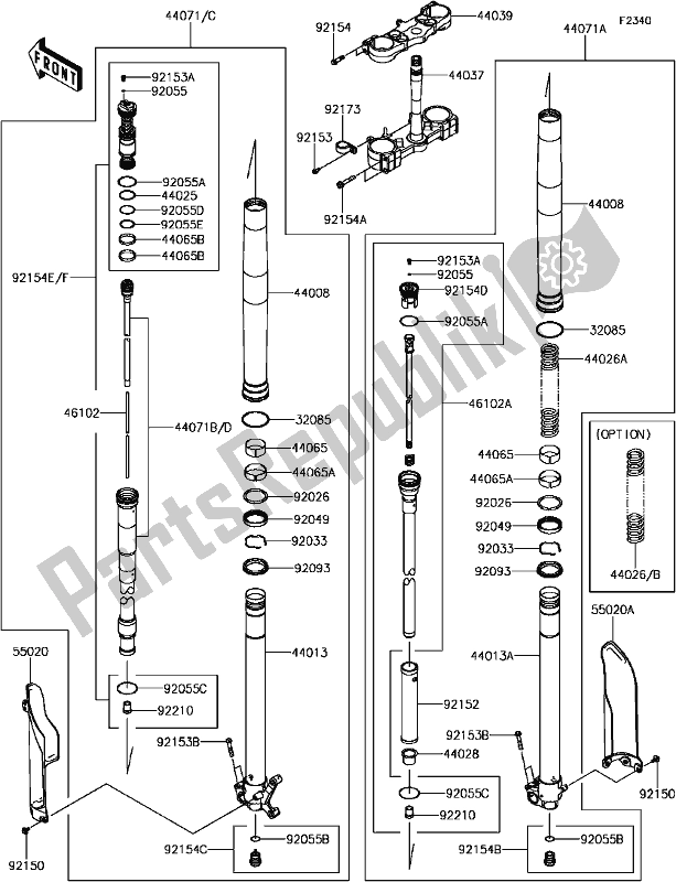 Alle onderdelen voor de E-10front Fork(2/2) van de Kawasaki KX 250F 2017