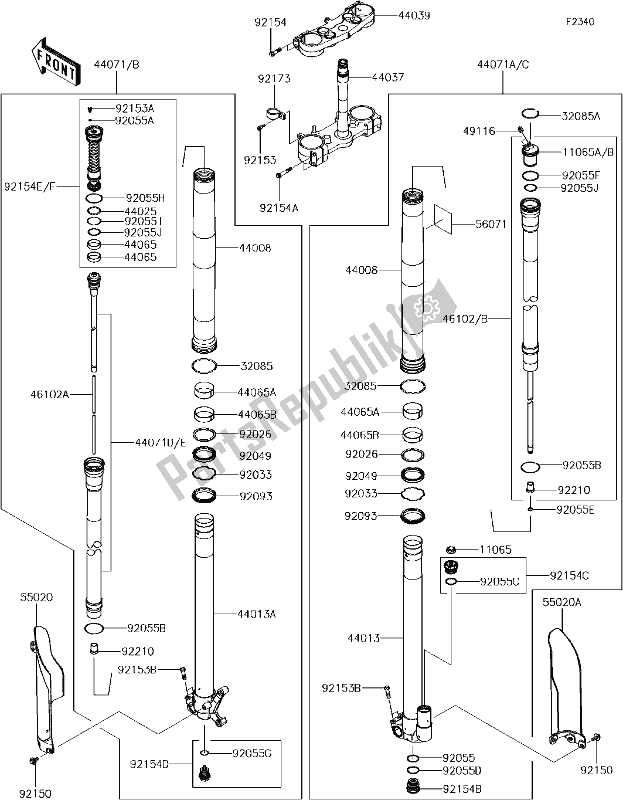 All parts for the 45 Front Fork of the Kawasaki KX 450F 2018