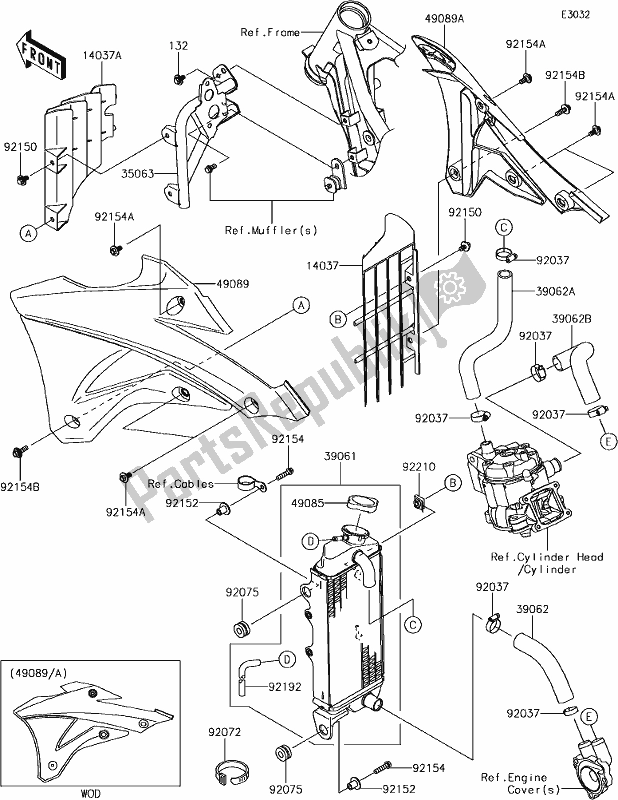 All parts for the 15 Radiator of the Kawasaki KX 85 2019