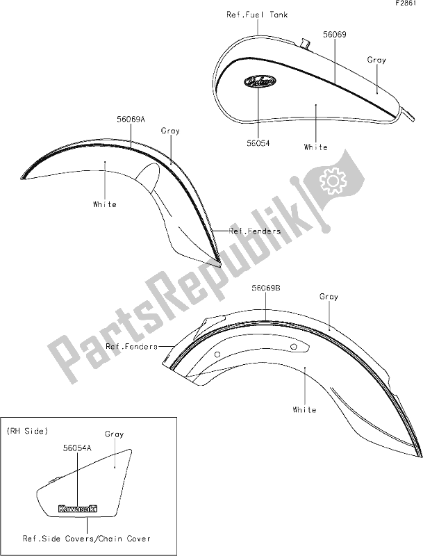 All parts for the 57 Decals(white/gray)(bff/bgf) of the Kawasaki VN 900 Vulcan Classic 2018