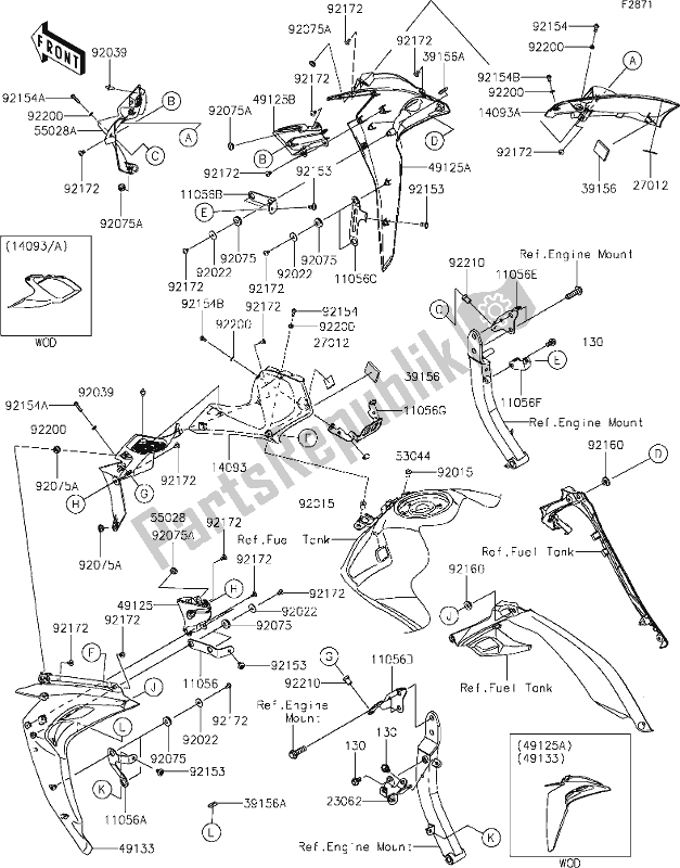 All parts for the 62 Cowling(center) of the Kawasaki Z 1000 2021