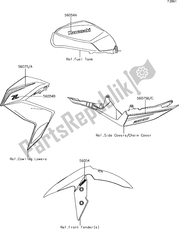 All parts for the 57 Decals of the Kawasaki Z 300 2018