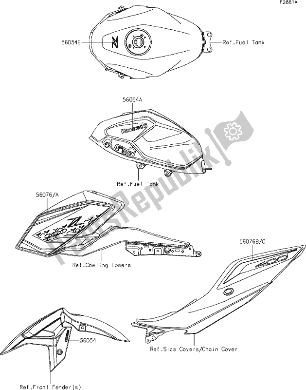 Alle onderdelen voor de 62 Decals(teal) van de Kawasaki Z 400 2021