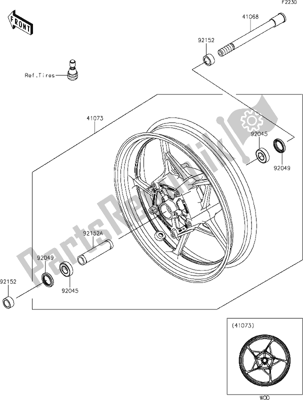 Alle onderdelen voor de 38 Front Hub van de Kawasaki Z 650 2020