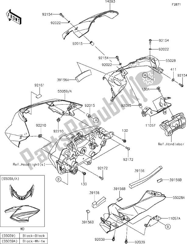 All parts for the 62 Cowling of the Kawasaki Z 650 2020