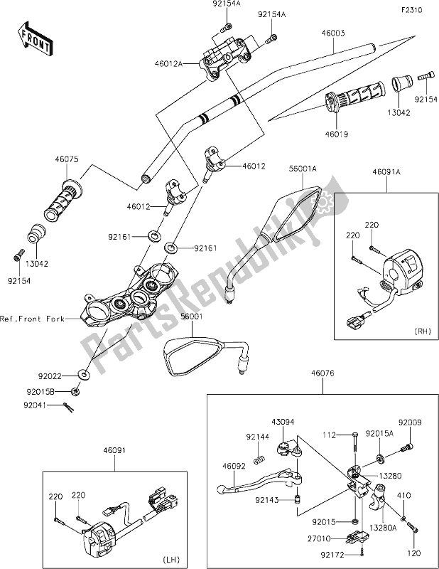 Alle onderdelen voor de 45 Handlebar van de Kawasaki Z 900 2018