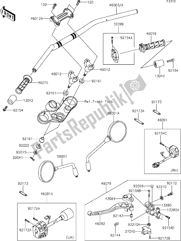 Alle onderdelen voor de 45 Handlebar van de Kawasaki Z 900 RS 2020