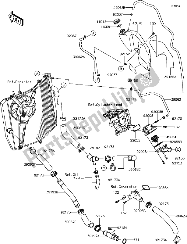 Alle onderdelen voor de D-9 Water Pipe van de Kawasaki ZX 1000 Ninja ZX-10R ABS KRT 2017