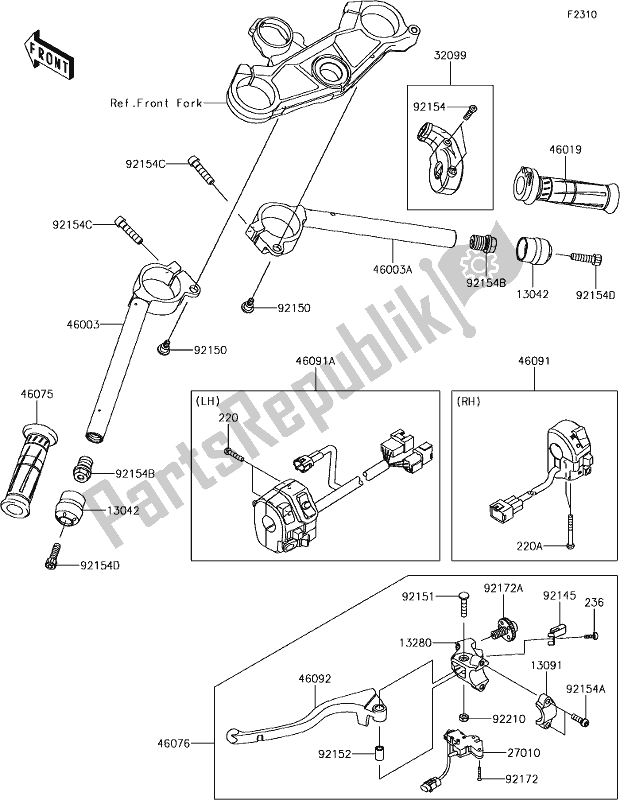 All parts for the 46 Handlebar of the Kawasaki ZX 1000 Ninja ZX-10R SL1 MY 18 2018