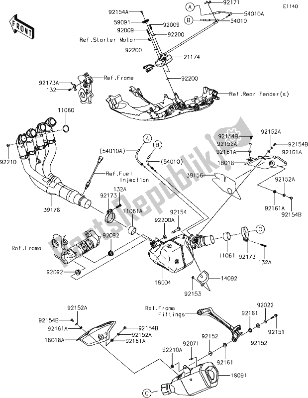 Alle onderdelen voor de 4 Muffler(s) van de Kawasaki ZX 1002 Ninja ZX-10R SE 1000 2018