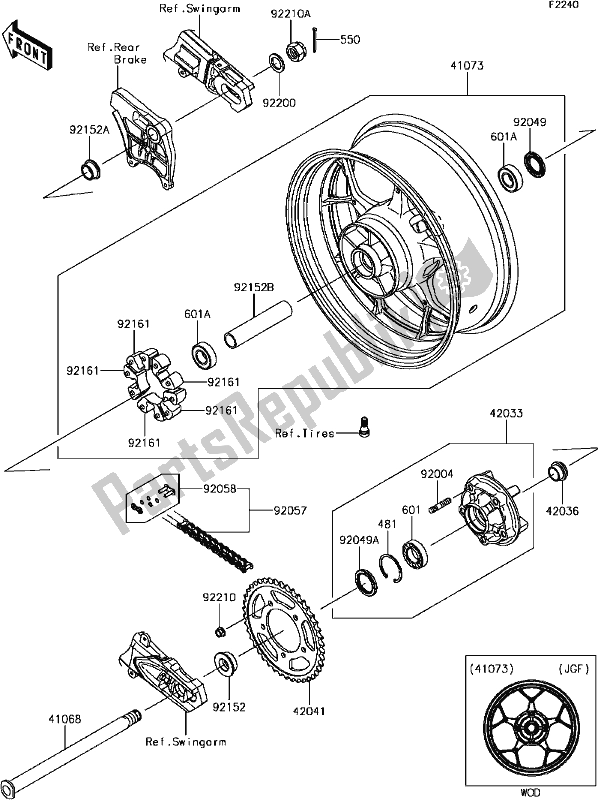 Alle onderdelen voor de F-4 Rear Hub van de Kawasaki ZX 1400 Ninja ZX-14R ABS Brembo Ohlins 2017