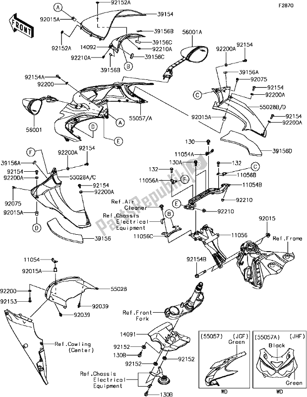 Todas as partes de H-7 Cowling(1/2)(upper) do Kawasaki ZX 1400 Ninja ZX-14R ABS Brembo Ohlins 2017